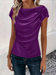 Ruched Short Sleeve Satin Top in Brown, alternate angle