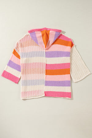 Colorblock knit hoodie with stripes and mesh panels in pink, purple, orange, and cream.