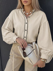 Contrast Trim Long Sleeve Shirt in Beige, close-up detail