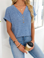 Light blue ribbed knit v-neck t-shirt with buttons and short sleeves