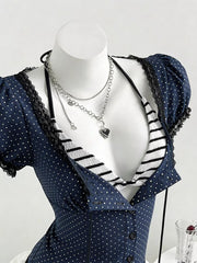 Polka Dot Lace Trim Puff Sleeve Top, view 11