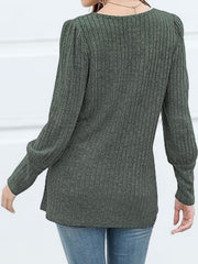 Sage ribbed knit blouse with puff sleeves and button detail