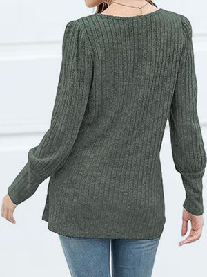 Sage ribbed knit blouse with puff sleeves and button detail