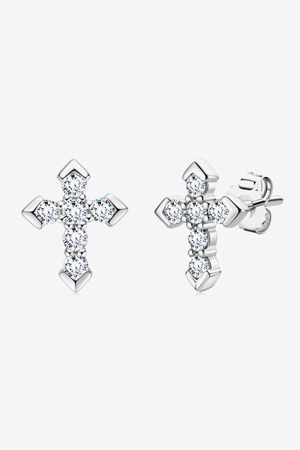 Silver diamond-set geometric cross stud earrings with a chic, casual style.