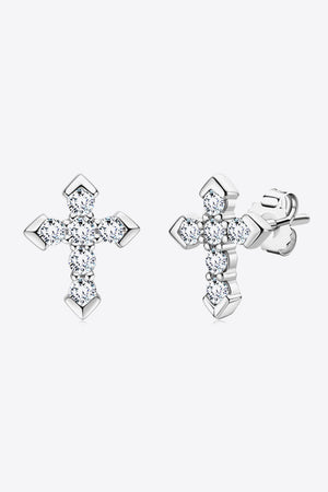 Silver diamond-set geometric cross stud earrings with a chic, casual style.