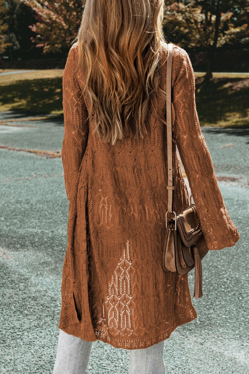 Brown openwork maxi cardigan with intricate lace details and bell sleeves.