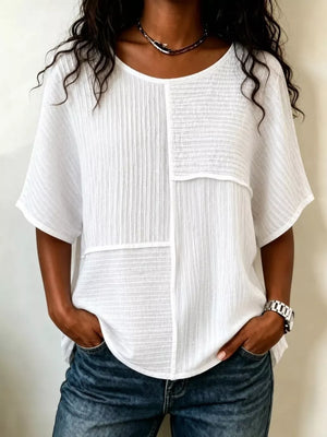 Full Size Texture Round Neck Half Sleeve Blouse, front view