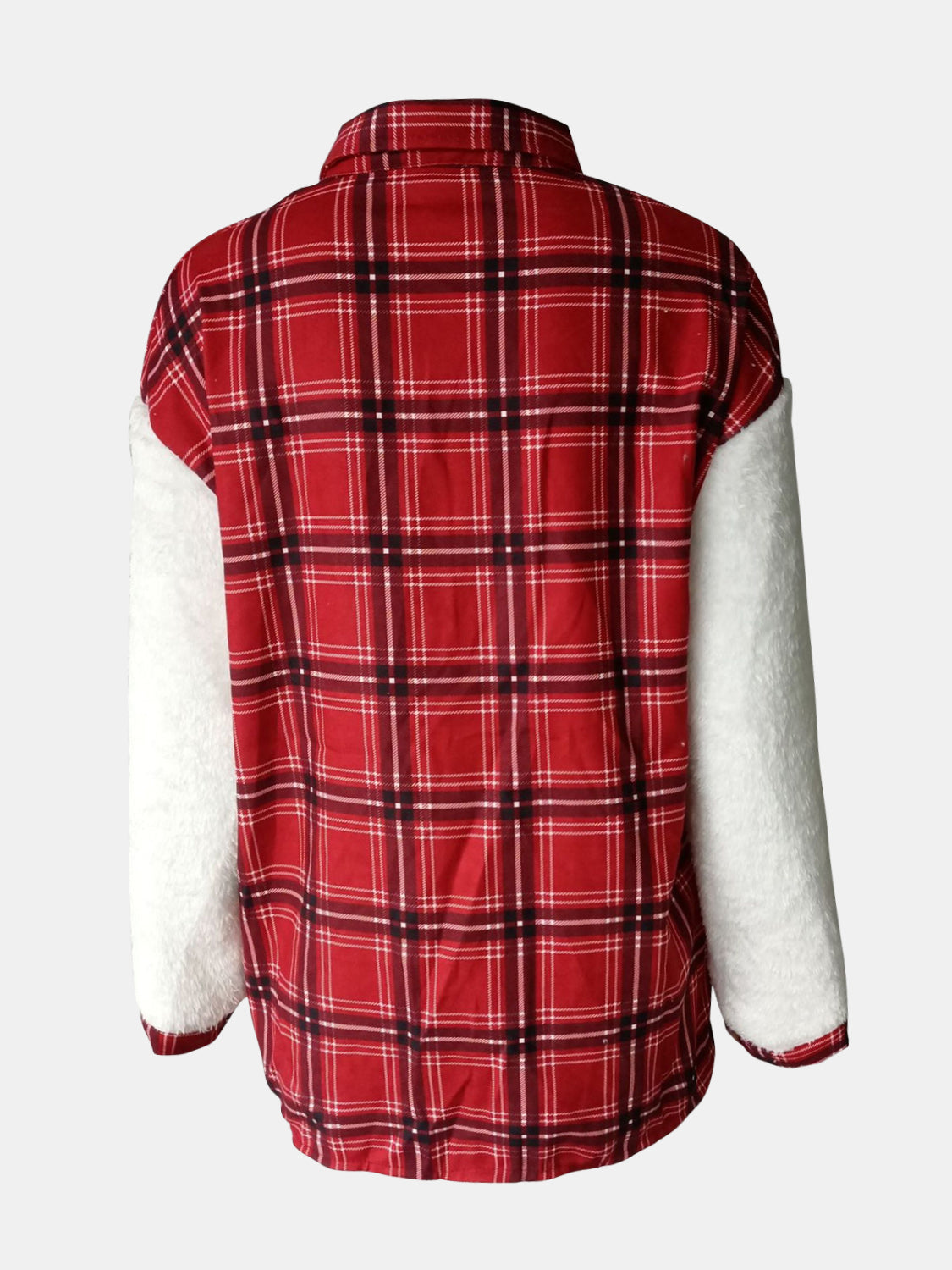 Plaid shacket with sherpa sleeves in Deep Red, featuring button details.