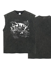 Washed black graphic sleeveless tee with raw edges and distressed print.