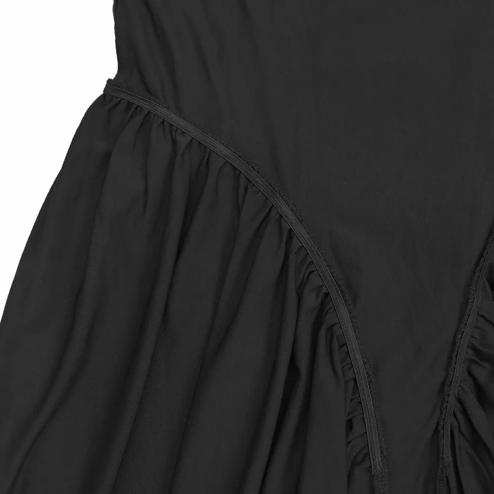 Black one-shoulder dress with ruched detail and elastic trim.