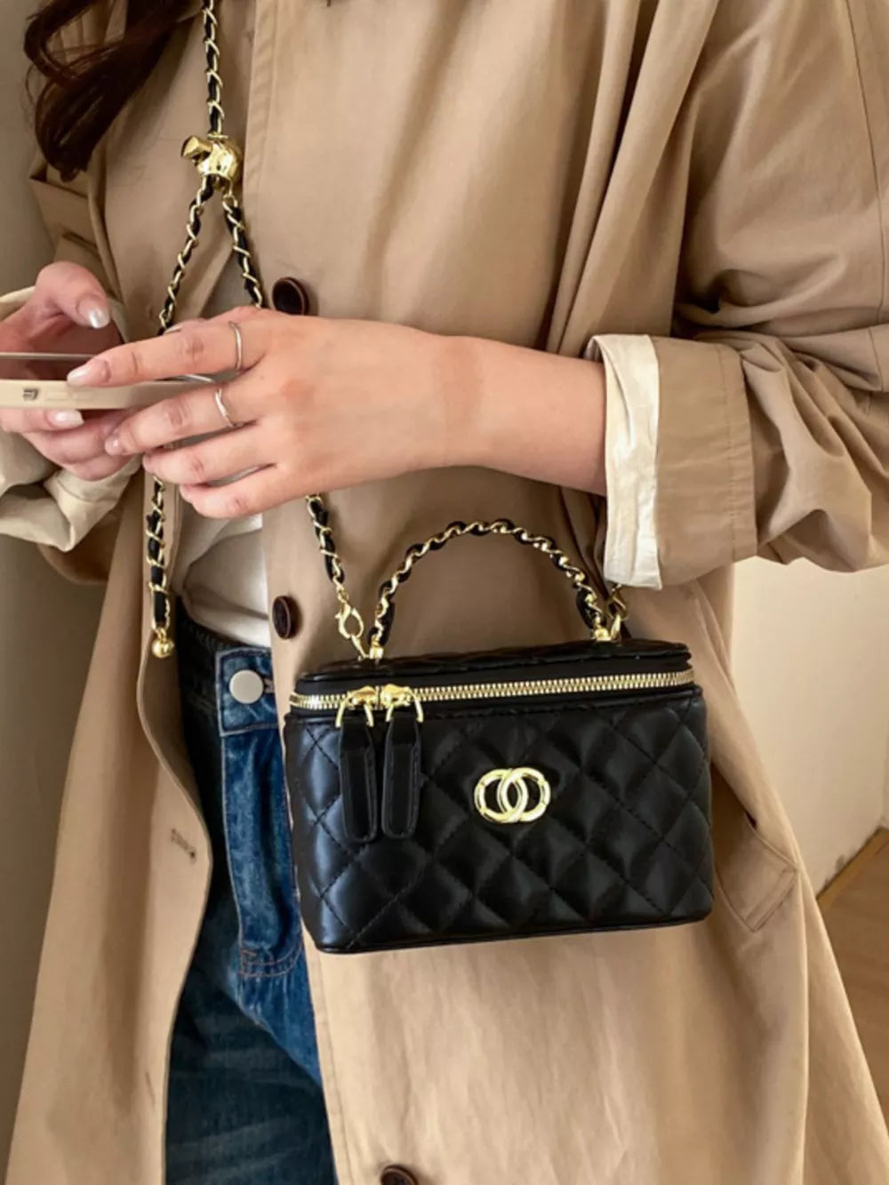 Quilted Leather Crossbody Bag in Black, side view