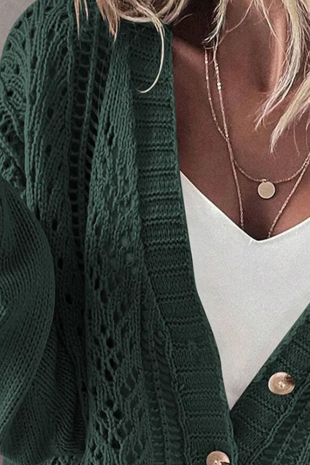 Chic mesh detail cardigan in Black Forest green with button front and open knit pattern.