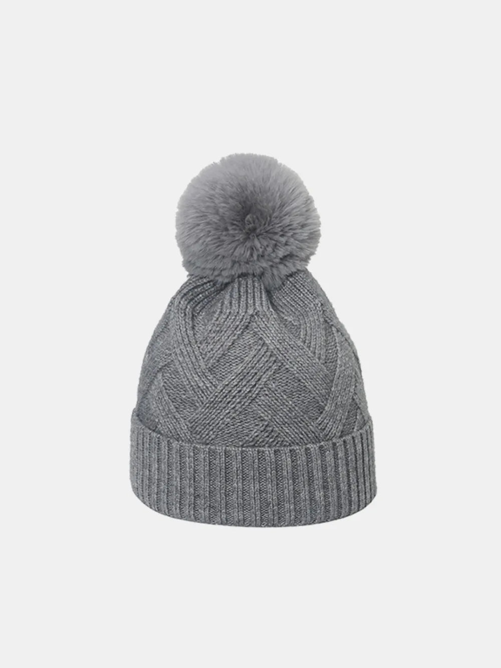 Gray cable knit beanie with pompom and ribbed cuff