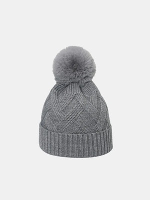 Gray cable knit beanie with pompom and ribbed cuff