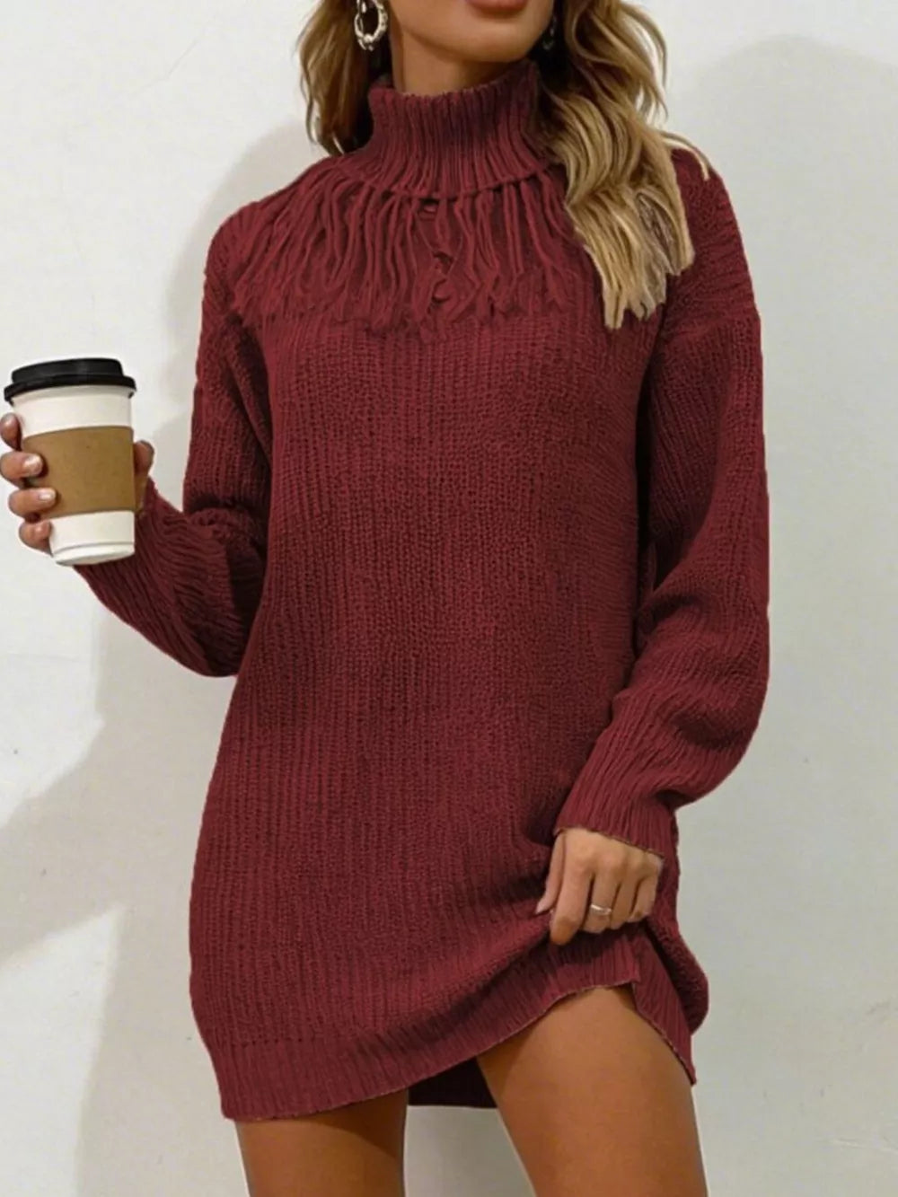 Full Size Turtleneck Fringe Sweater Dress in Burgundy, fabric detail