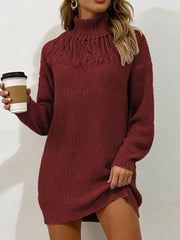 Full Size Turtleneck Fringe Sweater Dress in Burgundy, fabric detail