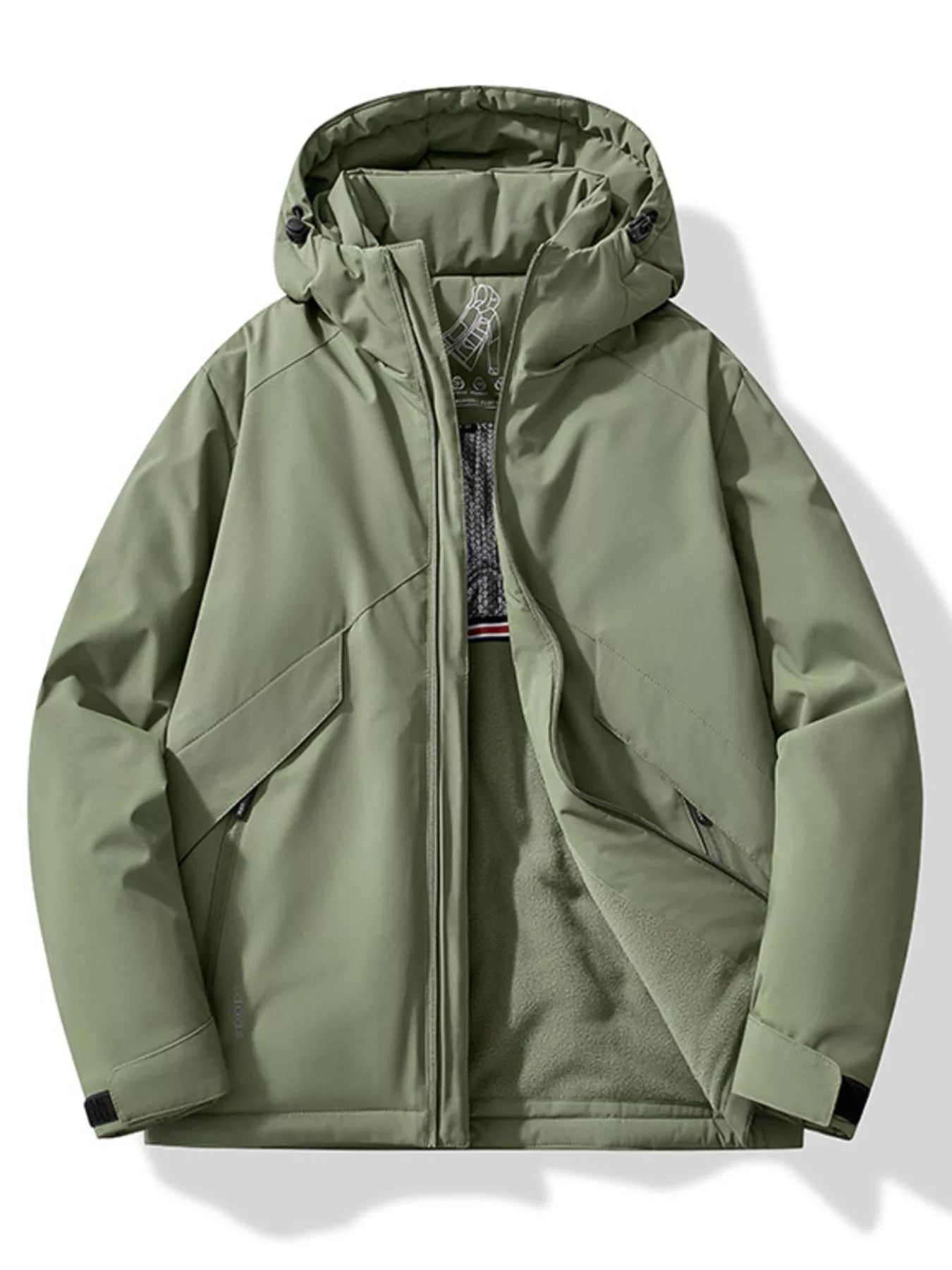 Plus-size hooded windbreaker jacket in khaki with zip front and pockets.