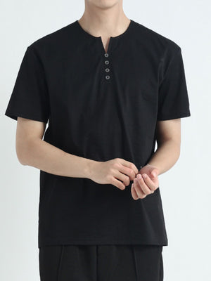 Men's black short sleeve cotton henley t-shirt with button placket