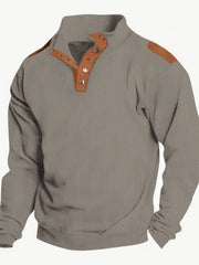 Waffle knit henley shirt in dark gray with suede shoulder patches and collar accents.