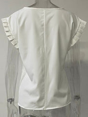 White cap-sleeve blouse with pleated sleeve details and a seam down the back.