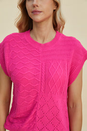 Hot Pink knit patchwork top with cable, wave, and chevron textures.