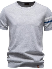 Light gray cotton t-shirt with blue and white striped sleeves and crew neck.