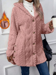 Pink hooded teddy coat with cable knit texture and button detail.