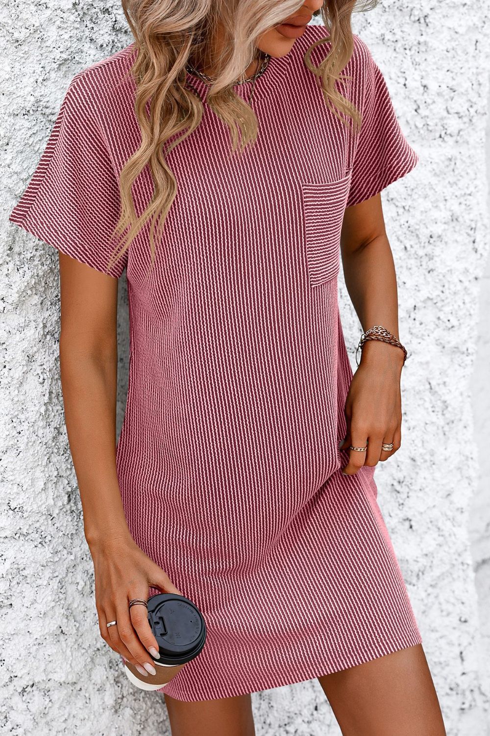 Deep Rose ribbed tee dress with patch pocket and vertical stripes.