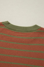 Brown waffle knit top with green stripes and crew neck detail