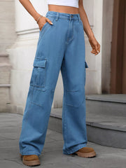 Blue high-waisted denim cargo pants with multiple pockets and a relaxed fit.