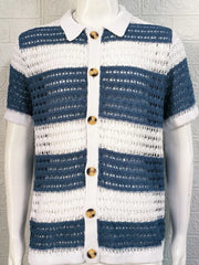 Striped crochet polo shirt in sky blue and white with button front and short sleeves.