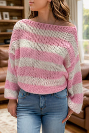 Off-shoulder striped chunky knit pullover sweater in blush pink and white acrylic.