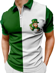 Men's green and white color block polo with leprechaun graphic and zipper neck.
