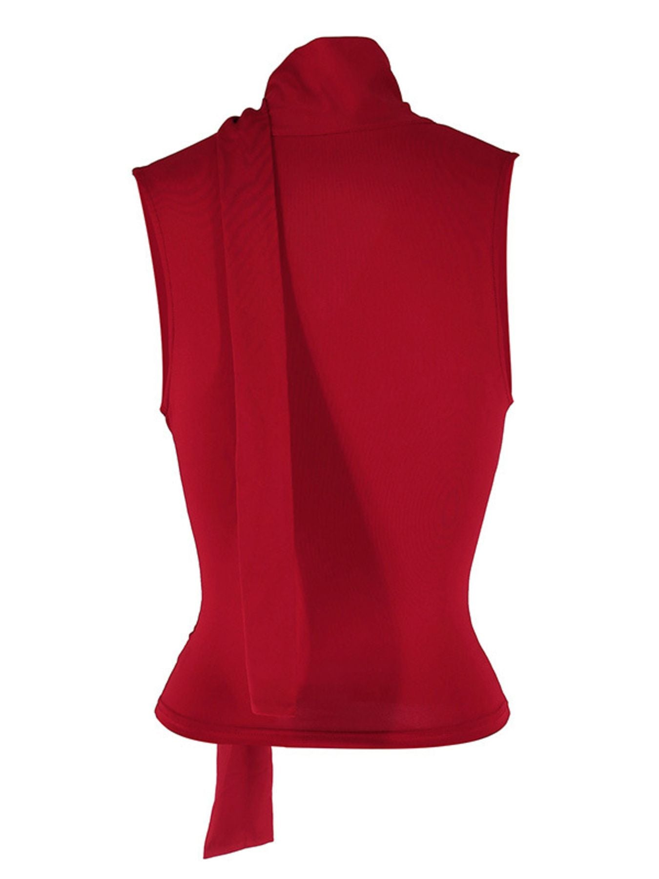 Red cowl neck cami top with draped detail and tie accent