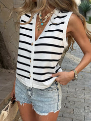 Chic black and white striped V-neck sleeveless cardigan with gold button accents.
