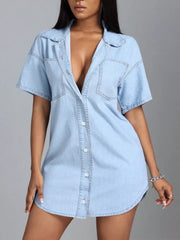 Light wash denim shirt dress with pockets, collared, button-down, short sleeves