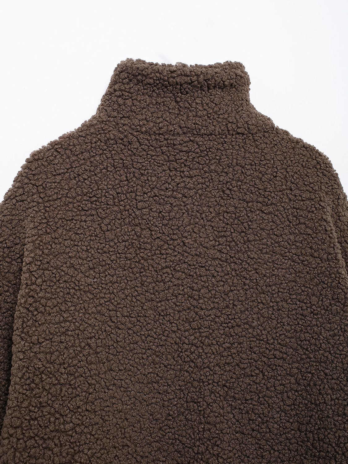 Dark brown teddy fleece zip-up jacket with mock neck detail
