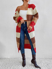Striped knit maxi cardigan with red, cream, and brown blocks.