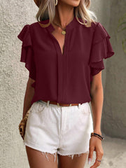 Burgundy ruffled sleeve blouse with plunge neckline and split collar.