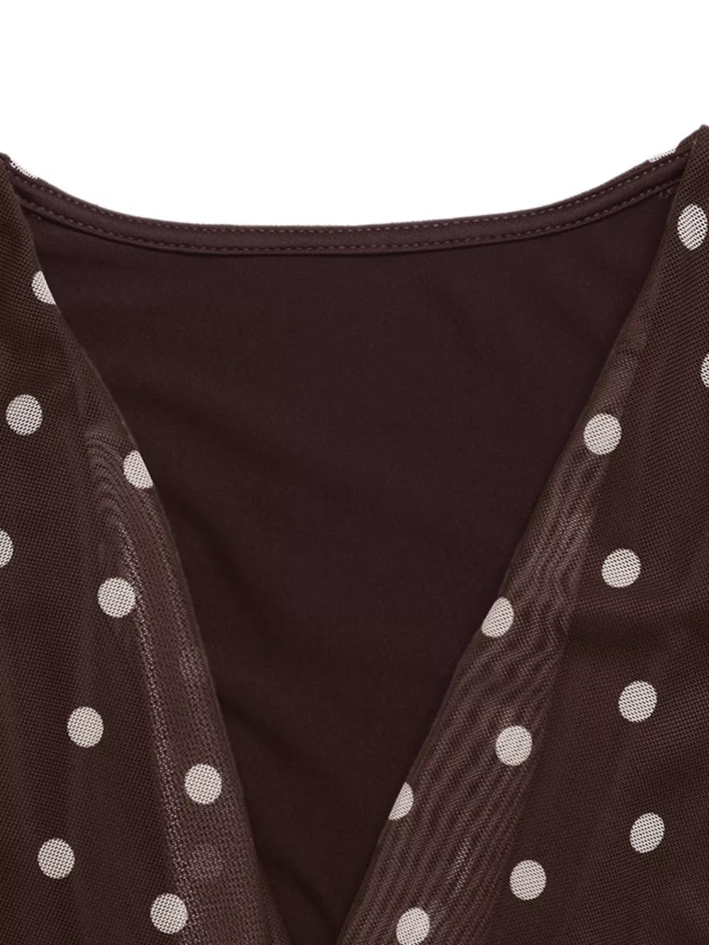 Brown polka dot mesh bodysuit with a cowl neck detail and a dark brown lining.
