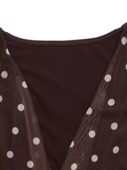 Brown polka dot mesh bodysuit with a cowl neck detail and a dark brown lining.