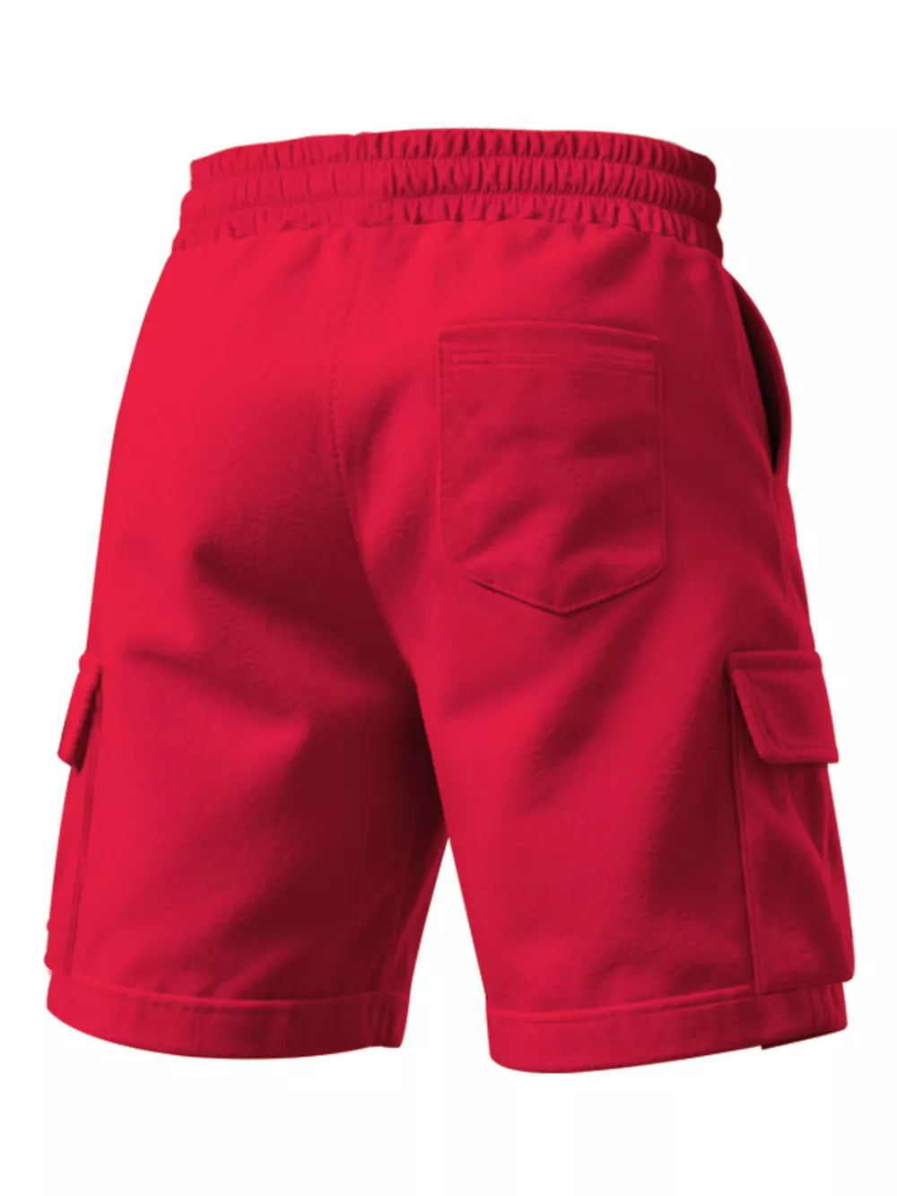 Bright red men's cargo shorts with drawstring waist and multiple pockets.