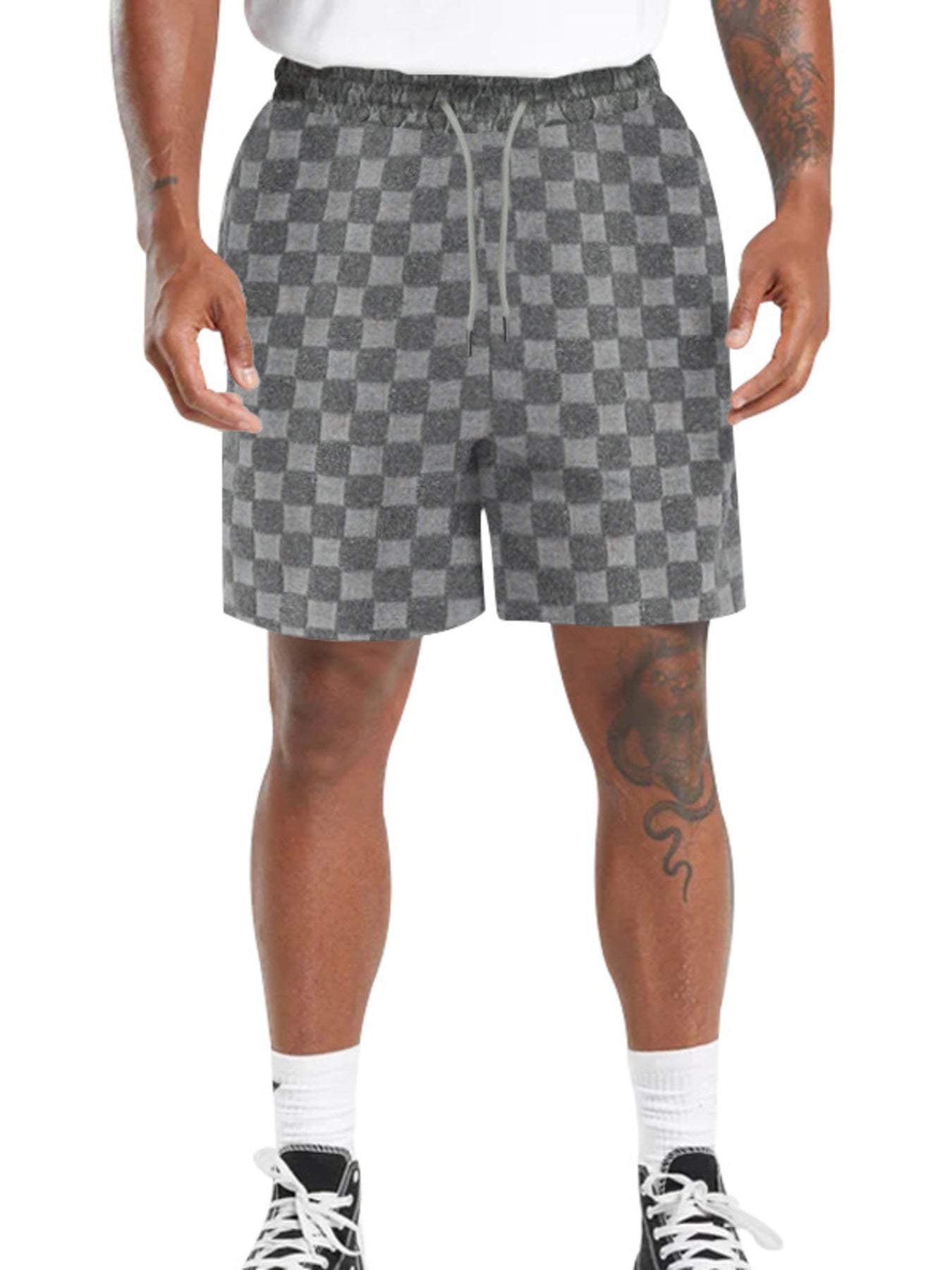 Men's dark gray checkered chino shorts with drawstring waist.