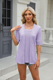 Layered knit square neck top in lavender with short sleeves and open front cardigan.