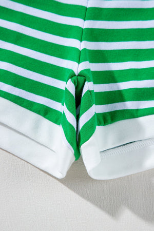 Green and white striped cotton loungewear shorts with white trim