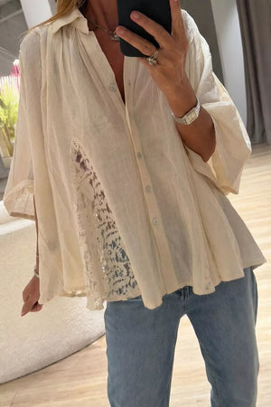 Sheer Lace Splicing Detail Loose Shirt in Beige, side view