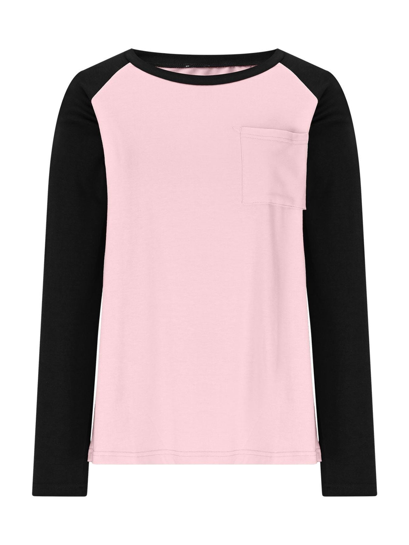 Blush pink long sleeve t-shirt with black sleeves and a chest pocket.