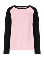 Blush pink long sleeve t-shirt with black sleeves and a chest pocket.