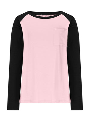Blush pink long sleeve t-shirt with black sleeves and a chest pocket.