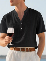 Black relaxed fit linen blend men's shirt with band collar and button detail.
